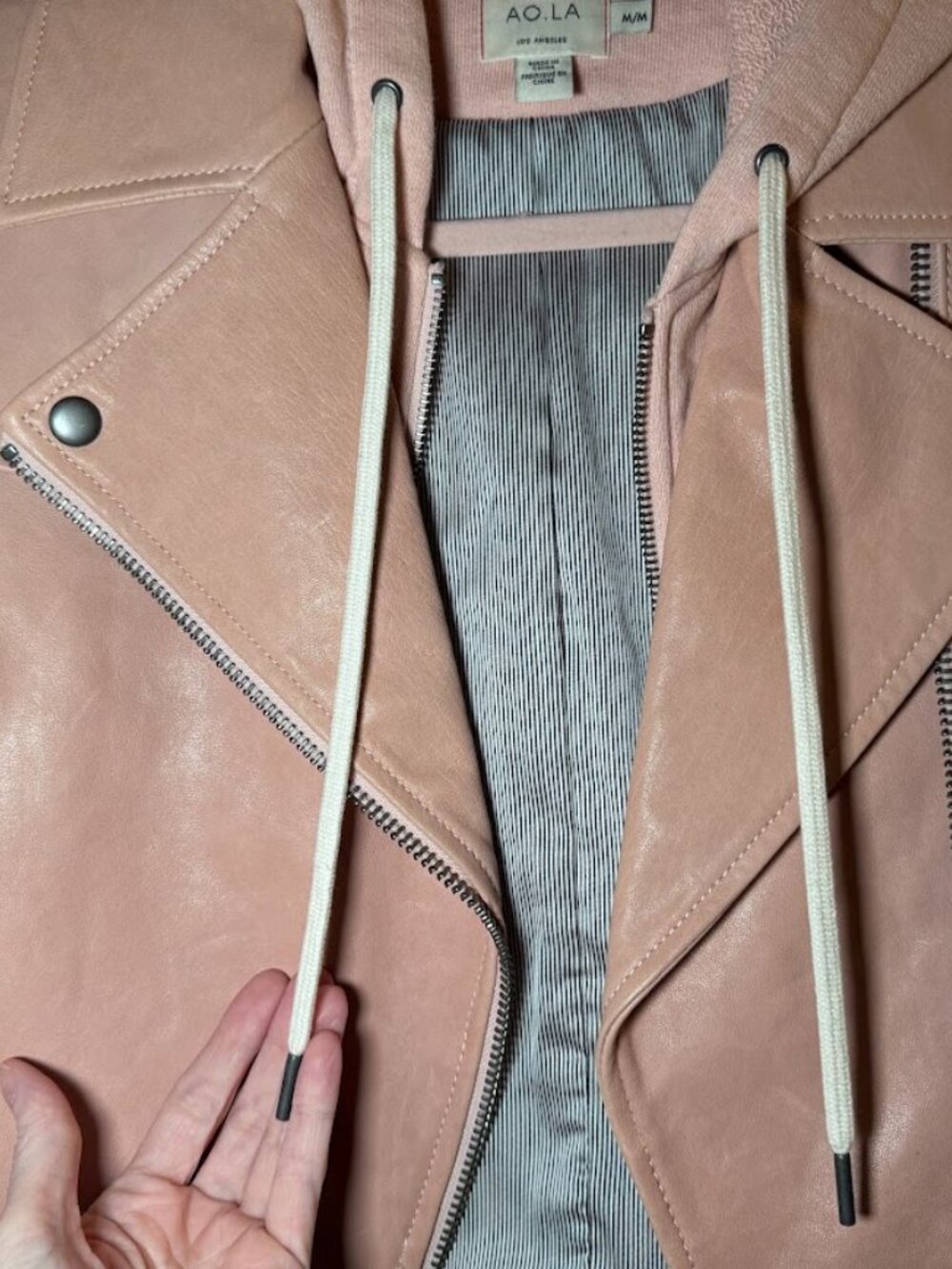 NWOT Alice + Olivia AO.LA Avril Hooded 100% Leather Biker Jacket Barbie Pink - M - Picture 16 of 16